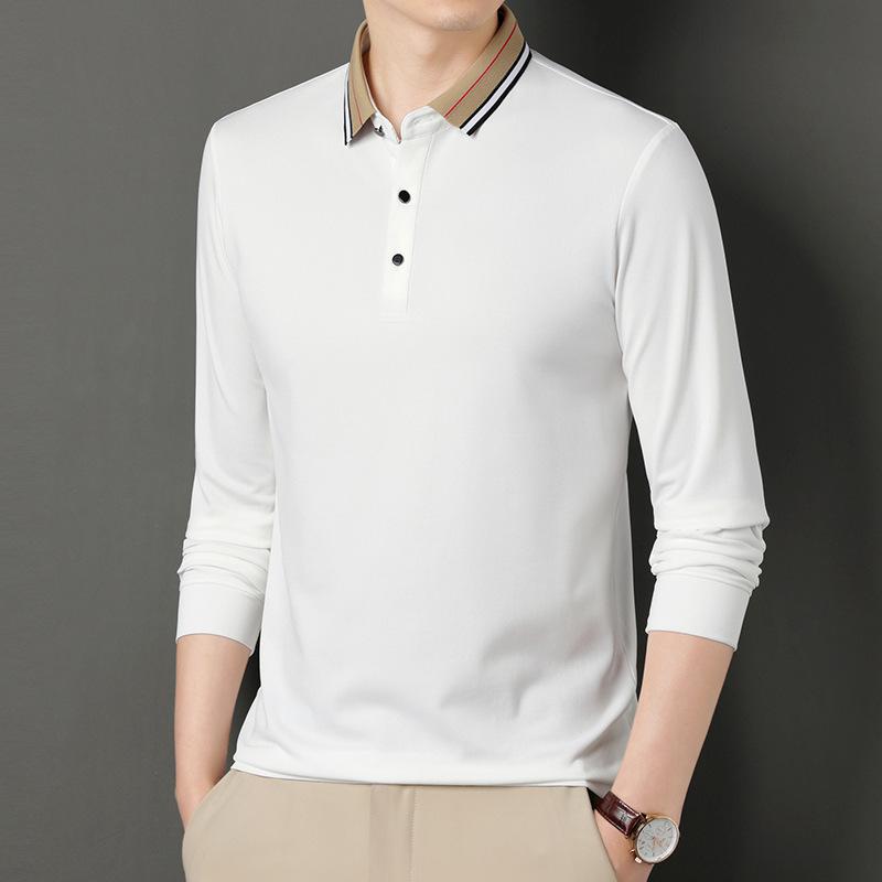 Jarní a podzimní nové pánské tričko s dlouhým rukávem jednobarevné spodní tričko pro mladé a středního věku tenké pánské oblečení klopa volné pólo tričko móda