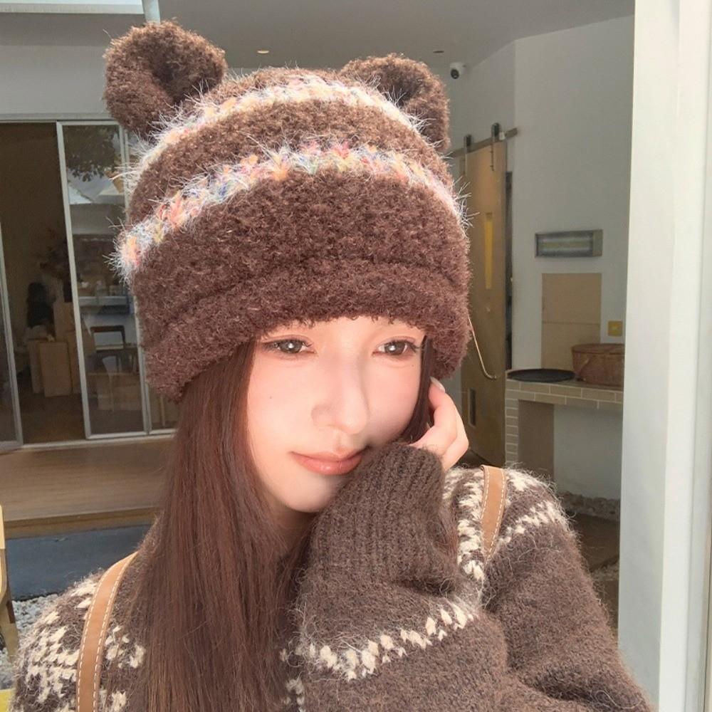 Ear Protection Fuzzy Knitted Beanie Polyester Warm Winter Hat Bear Ear Earflap Beanie Korean Style