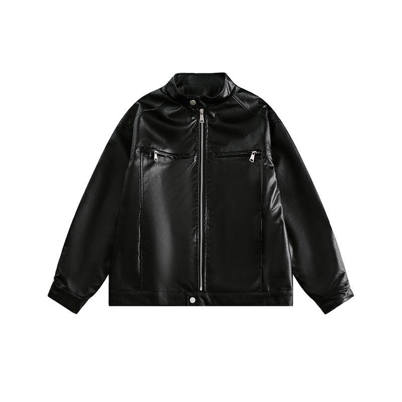 

Men s American Retro Street Style Zip-Up Pu Leather Jacket 2025 New Couple Retro Loose Leather Jacket Motorcycle Jacket Black M