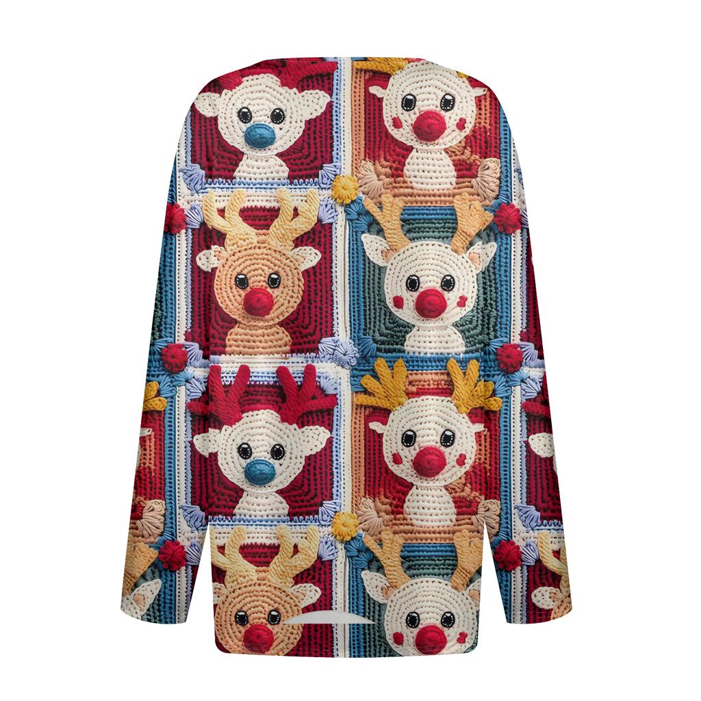 Women's Fashion Casual V-Neck Button-Up Long-Sleeve T-Shirt With Christmas Print Top