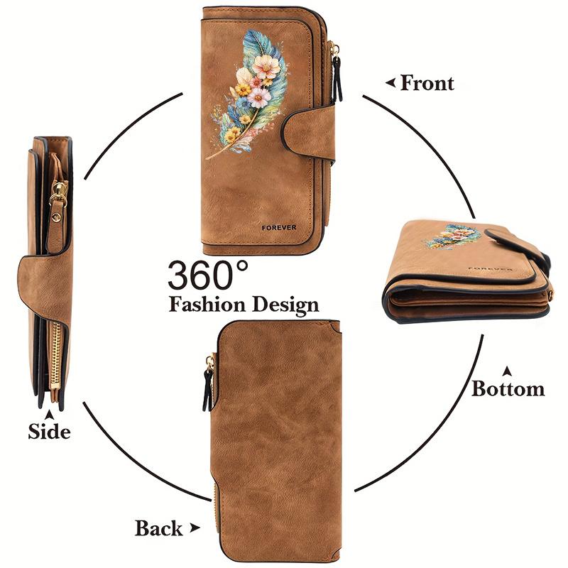 Feather and floral pattern women's long wallet| Multifunctional portable snap-button coin purse, birthday gift, suitable for daily commuting, with a