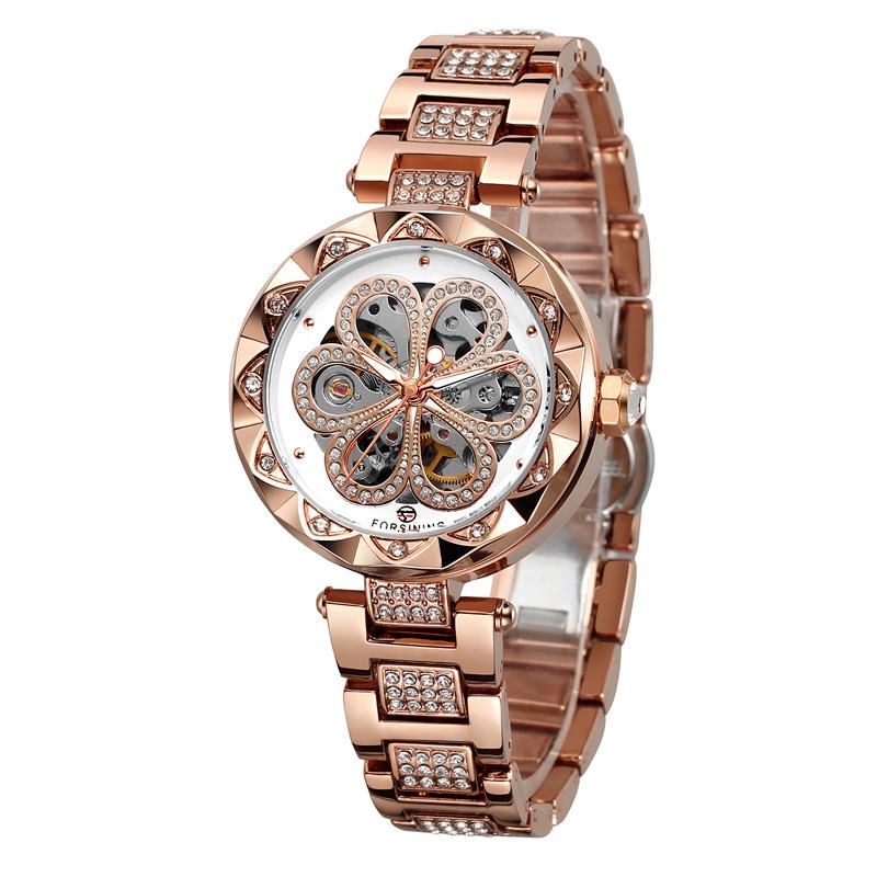 FORSINING Luxury Women's Automatic Watch Flower Skeleton Ladies Mechanical Wristwatch with Diamond Cut Bezel & Crystal Bracelet