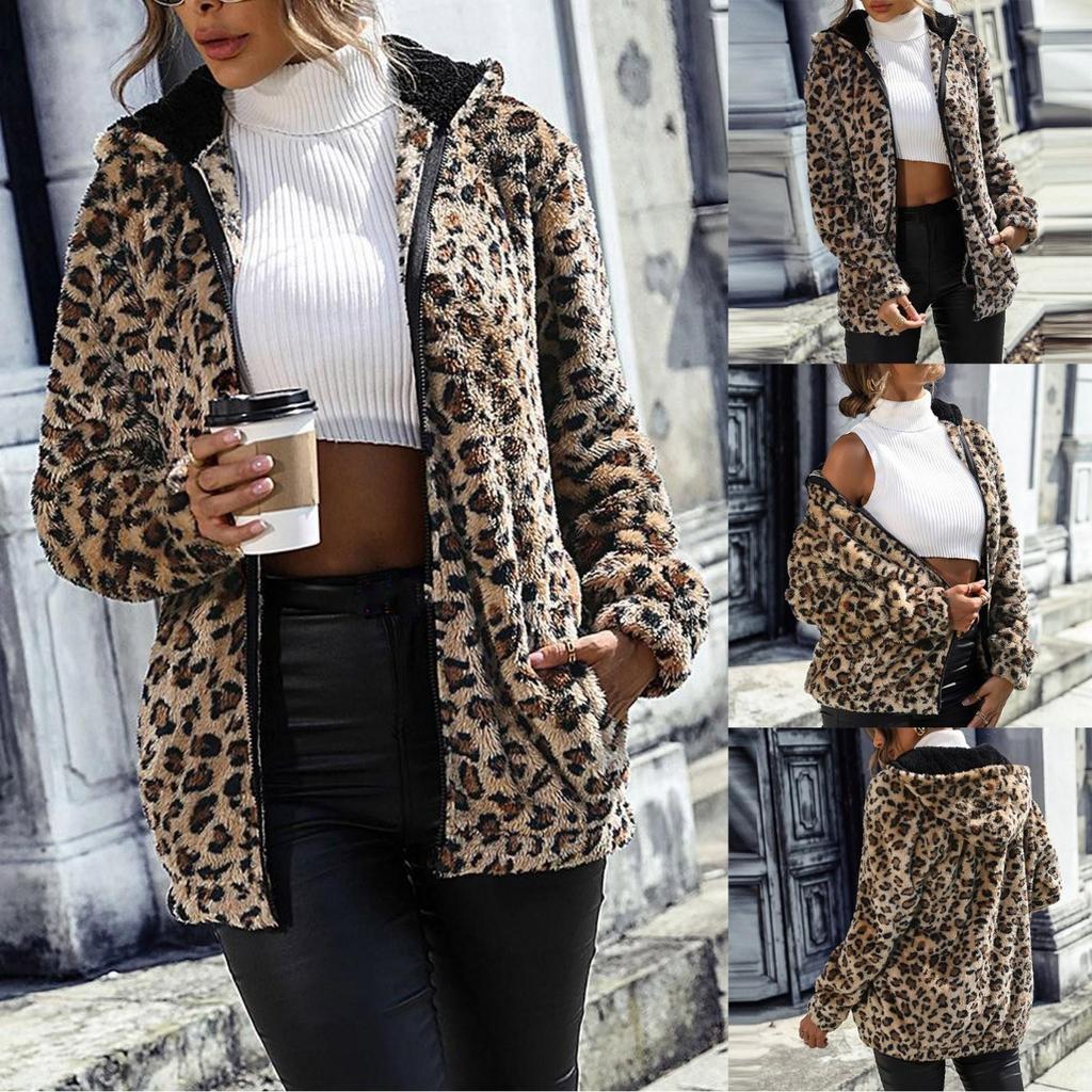 Women's Leopard Print With Hood Long Sleeve Zipper With Pockets Jacket Casual Jacket