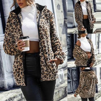 Women's Leopard Print With Hood Long Sleeve Zipper With Pockets Jacket Casual Jacket