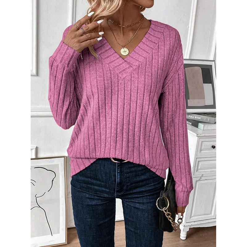 

Fall Women V-Neck Long Sleeved Ribbed Striped Sweaters Solid Color Pit Vintage Ladies Knitwears Comfortable Woman Clothing XL рожевий