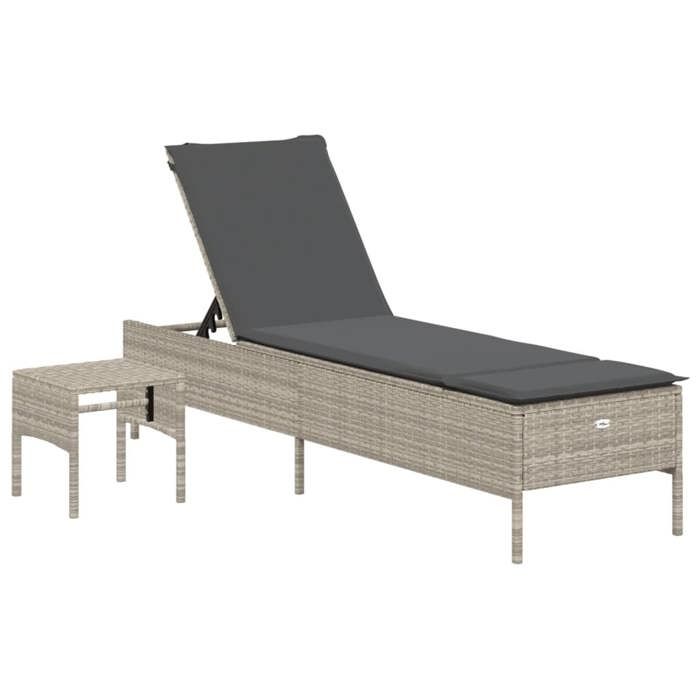 VidaXL Chaise longue avec table et coussin gris clair résine tressée, transat, lit de repos de jardin, meuble d'extérieur, 4002733