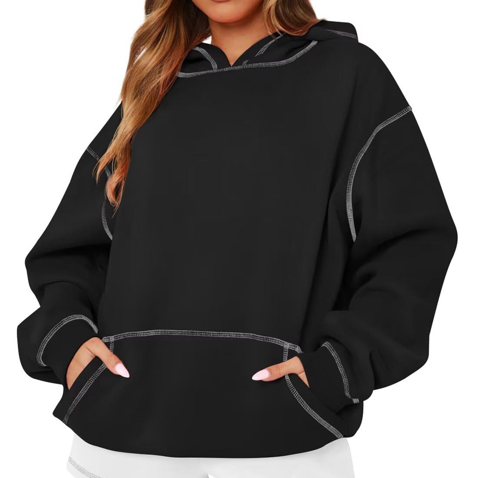 

Women s Solid Color Long Sleeved Loose Casual Pullover Hooded Sweatshirt Top L чёрный