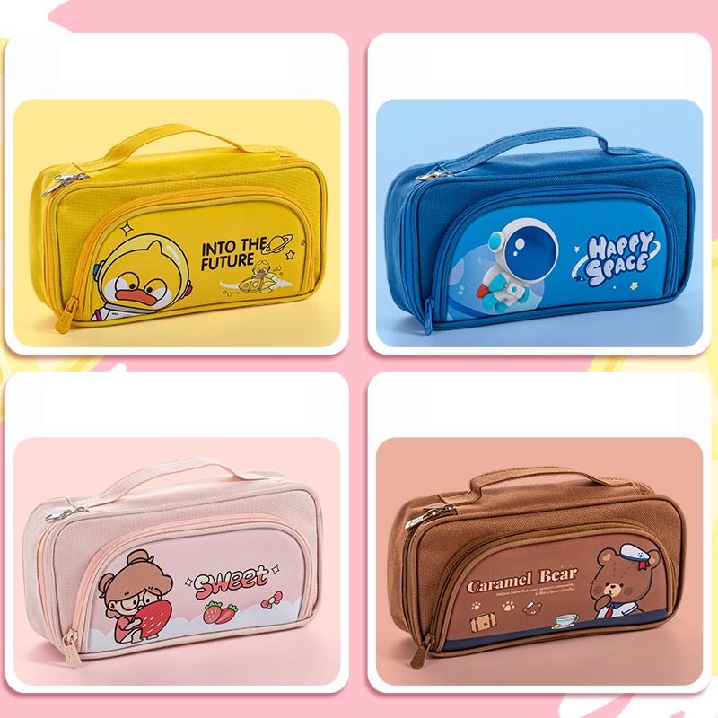 Cartoon Pencil Bag Pen Case Kawaii PU & Canvas Handbag Multi Slot Mesh Pocket Storage Pouch for Stationery