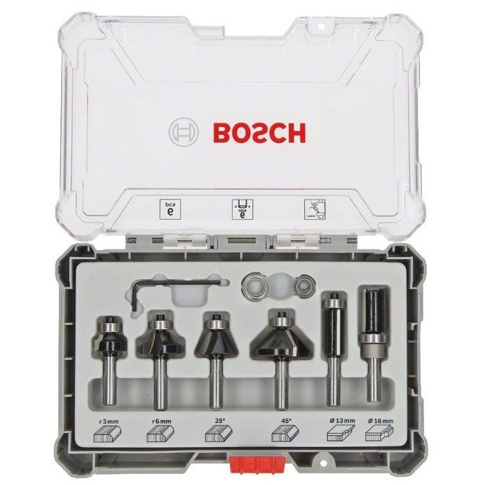 Set of 6 Rabbeting/Chamfering/Rounding Over Router Bits with 6 Mm Shank BOSCH - 2607017468