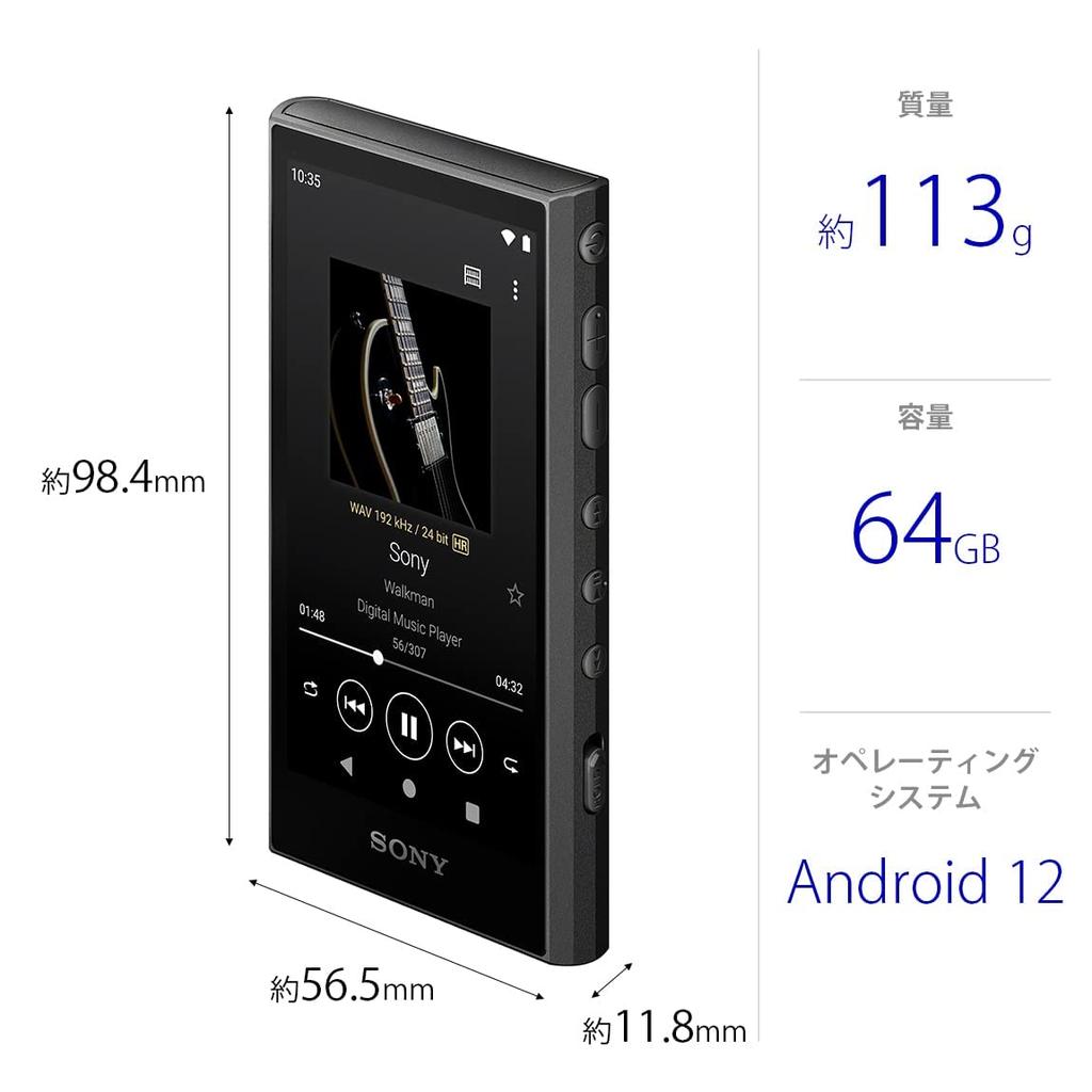 Sony Walkman NW-A307 64GB A300 Series MP3 Player Touch Panel Wireless Hi-Res Audio Bluetooth Android Streaming LDAC aptX HD MicroSD Support Black