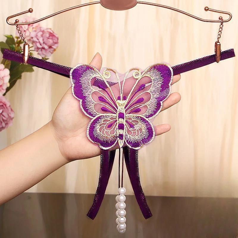 Women Sexy String Butterfly Embroidery Briefs Ultra-Thin Lace Underwear See-Through Low Rise T-Back Open Crotch Underpants