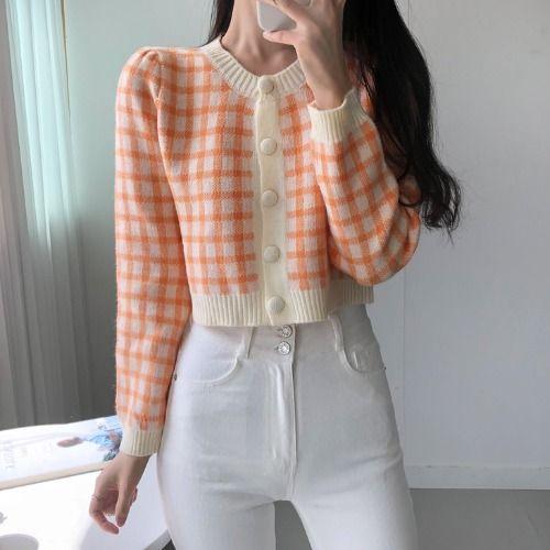 

Корейский Шик Ранняя Осень Нежный Стиль Темперамент Цветовой Блок Круглый Вырез Короткий Длинный Рукав Клетчатый Вязаный Свитер Кардиган Женский XL