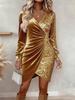 Neues Sexy Mode V-Ausschnitt Glitzer Seide Raffung Schmal Geschnitten Damenkleid