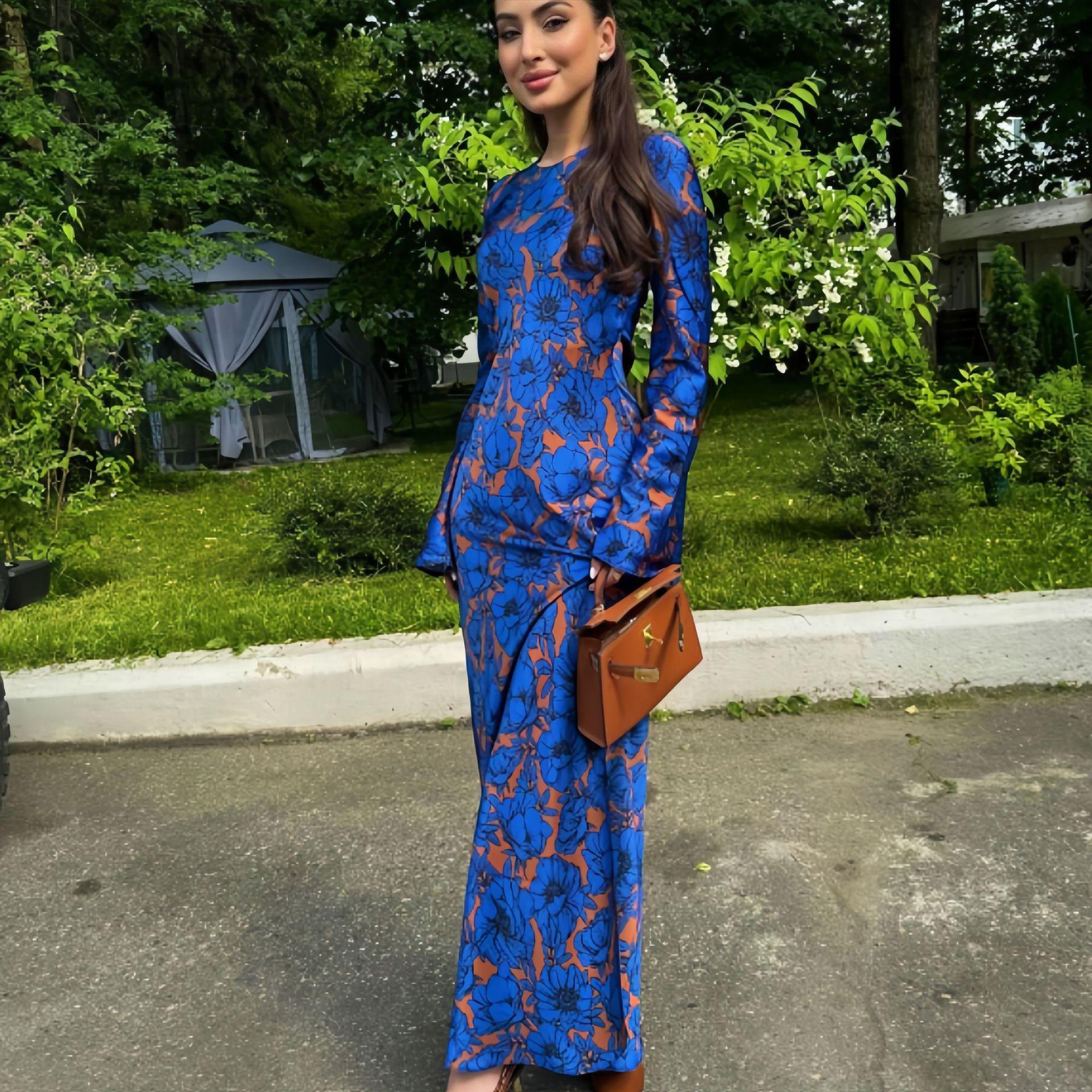 

2025 Multi-color Print Tie Waist Long Sleeve Dress for Women XL