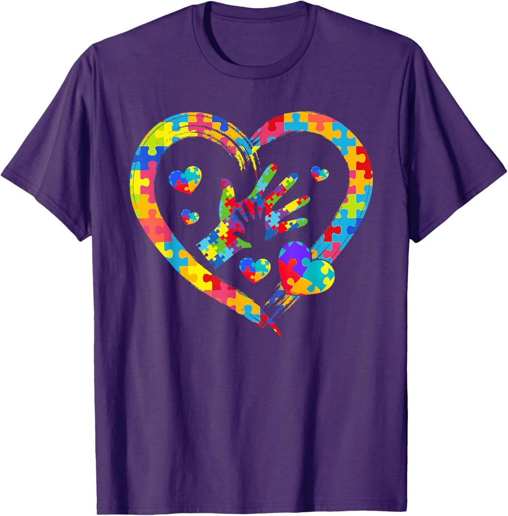 Autism Awareness Puzzle Heart Hands Love Graphic T-Shirt Casual Daily Cotton Short Sleeve Tee