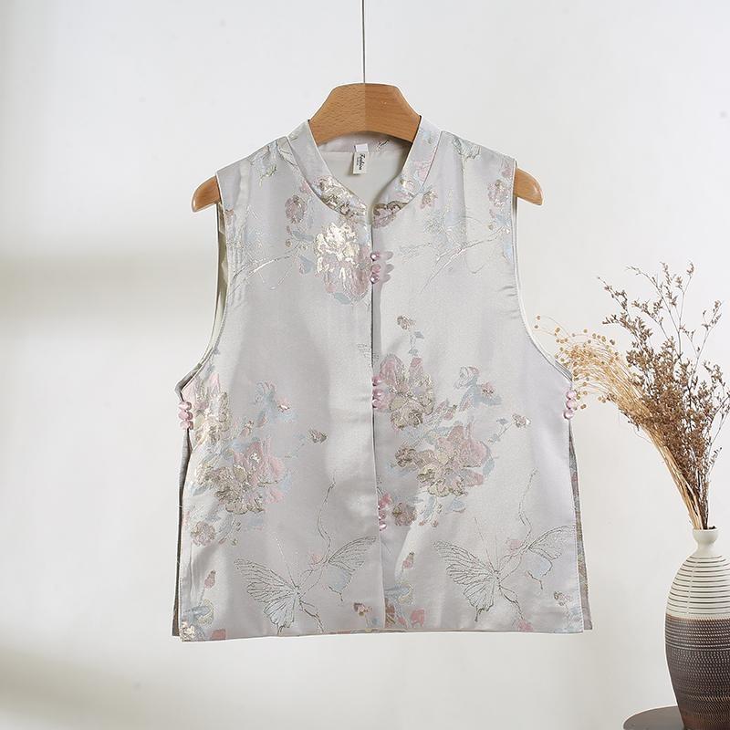 

Loose outer vest women s new retro jacquard buckle vest sleeveless M ([Recommended below 50kg]) озеро синий