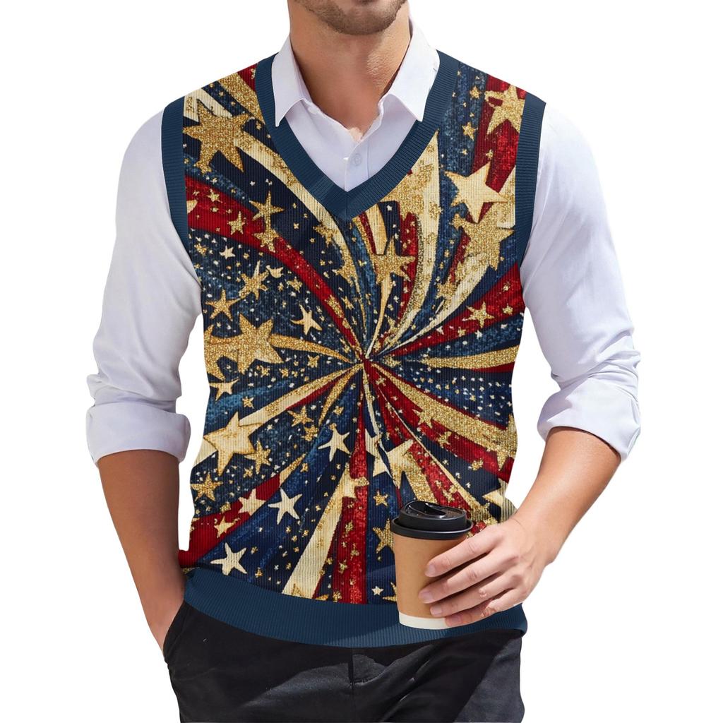 Herr Mode Tryckt V-ringad Ärmlös Stickad Pullover