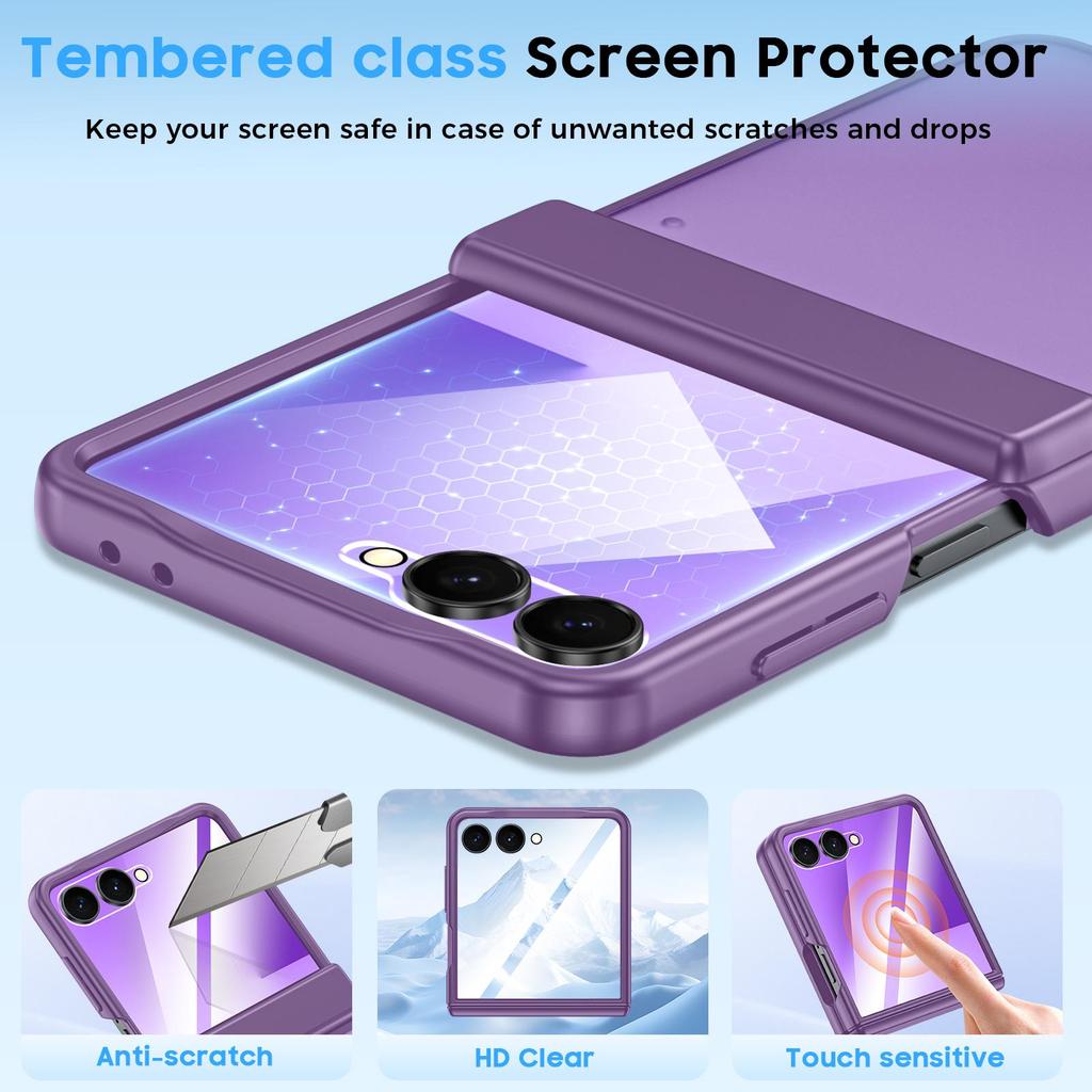 Translucent Matte Protective Case with Tempered Glass Screen Protector for Samsung Galaxy Z Flip 7, Hinge Protection Slim Cover-Purple