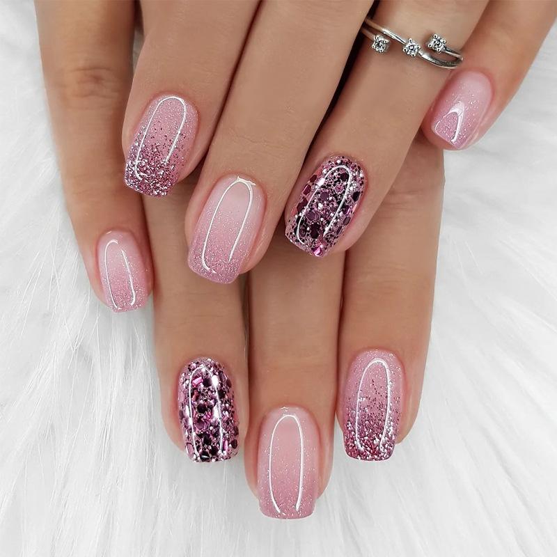 24Pcs Pink Square False Nails Glitter Nails Art Wearable Fake Nail Silver French Ballerina Full Cover Acrylic Press on Nail Tips