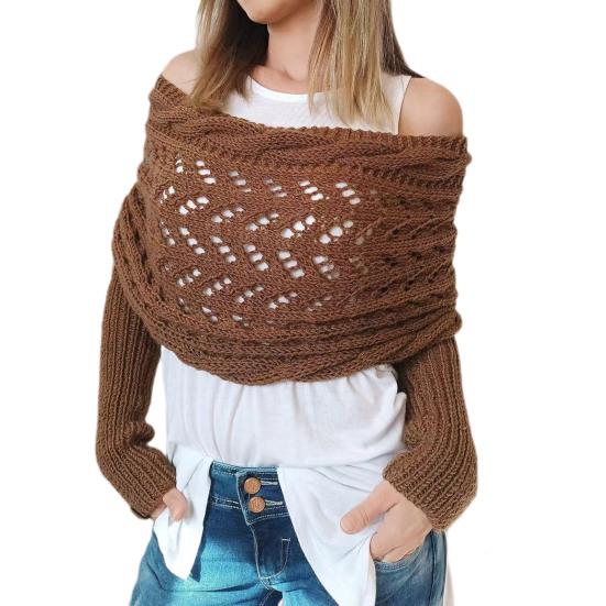 Pletená kabelová zavinovací šála s rukávy Šála v měkkém bohémském stylu Dutý vzor háčkování Cross Wrap Šála Svetr Wrap