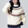 Women's Off-White Fair Isle Jacquard Sweater - Retro Knit Top for Autumn & Winter, One Size