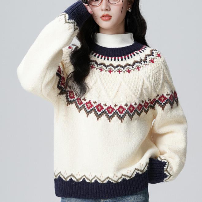 Women's Off-White Fair Isle Jacquard Sweater - Retro Knit Top for Autumn & Winter, One Size