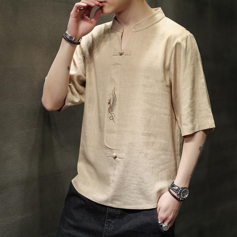 

Мужская летняя однотонная повседневная футболка в китайском стиле с короткими рукавами, молодежная тонкая вышитая блузка с V-образным вырезом XS хаки