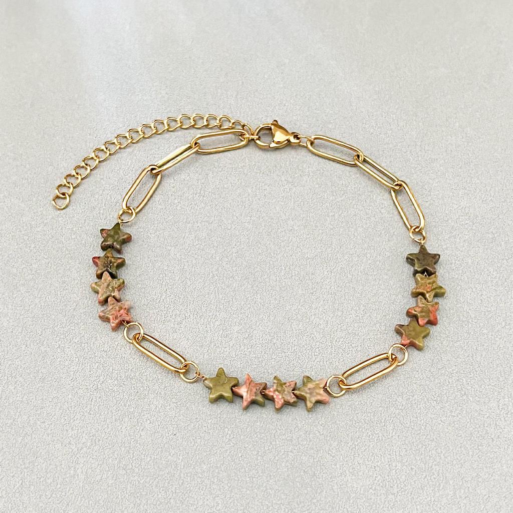 Elegant 18k Gold-Plated Stainless Steel Bracelet with Natural Stone Inlay - Trendy and Fade-Resistant for Women