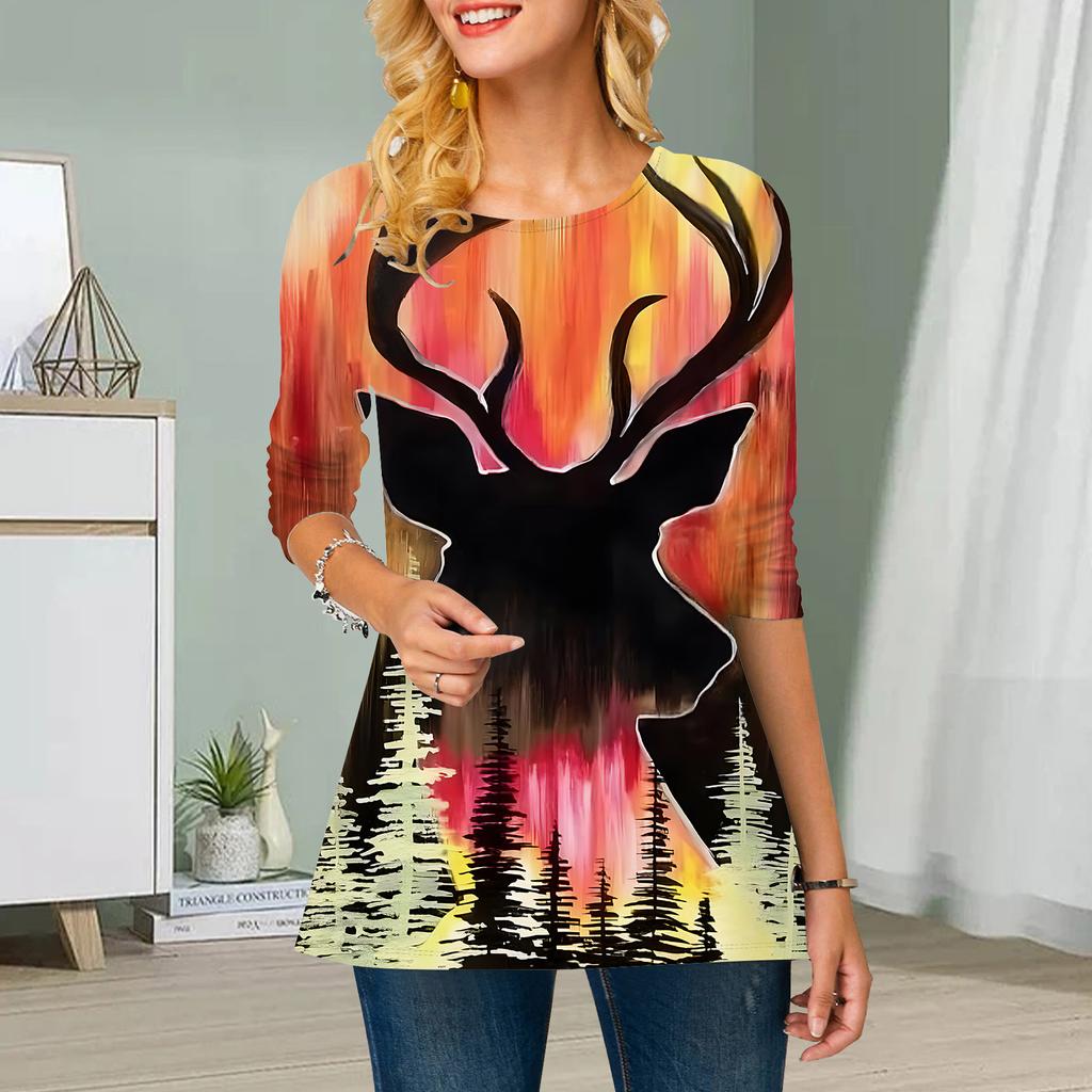 Plus Size Women Flower Deer Head Print Round Neck Casual Loose Long Sleeve Top