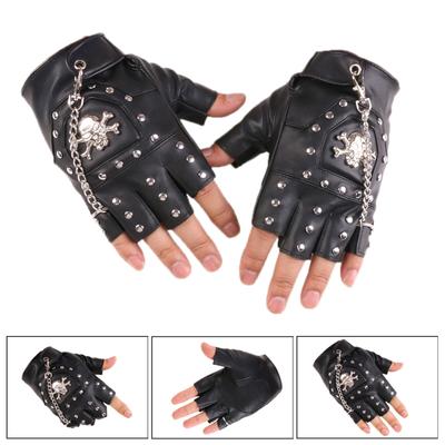 Gants de motard noirs en cuir PU avec rivets punk à demi-doigts et chaîne en métal pour moto, mitaines de danse sans doigts