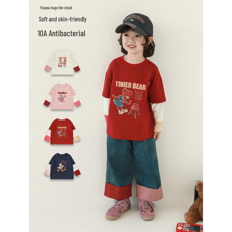 Girls' Cartoon Faux Two-Piece Long Sleeve T-Shirt