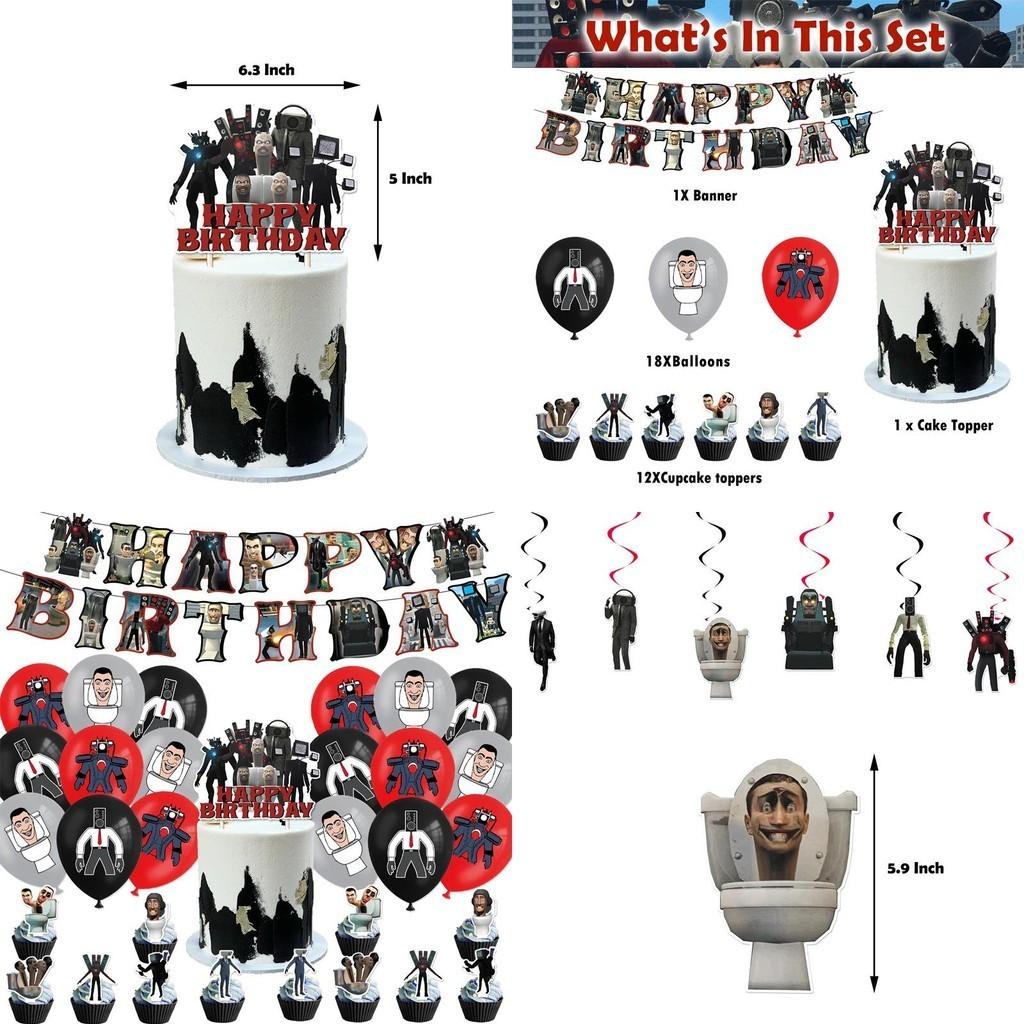 Skibidi Toilet Party Decoration Set Fun And Colorful Birthday Balloons Flags And Cake Toppers