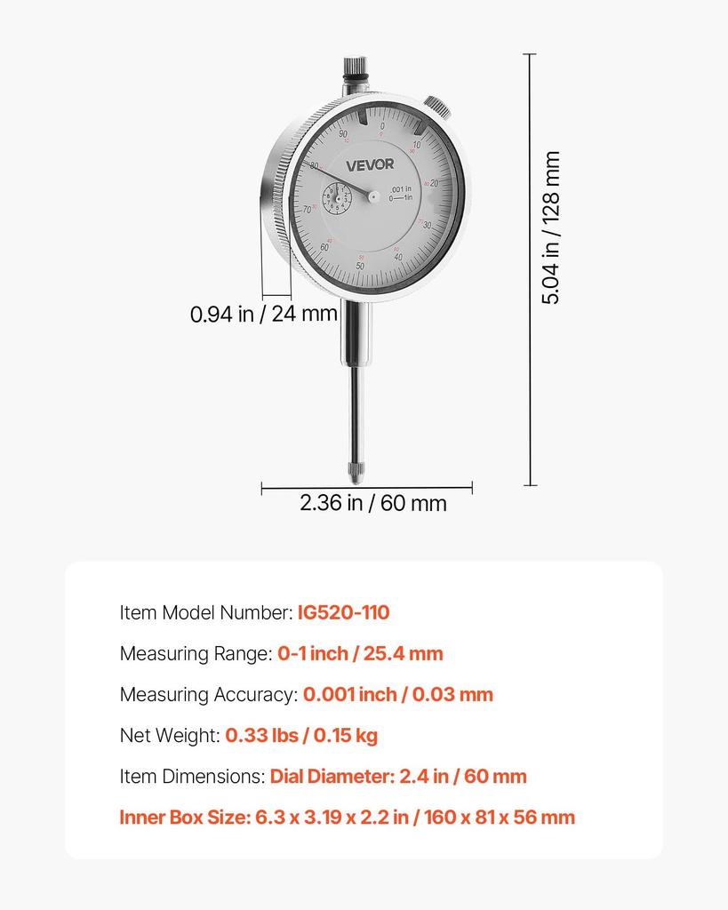 VEVOR Dial Test Indicator, 0.03 mm Accuracy, 0-25.4mm Measuring Range, Easy to Read Large Dial, Professional for Internal Diameter Measurement