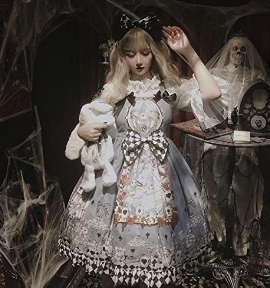 Lady Lazy Lolita Jumper Alice Sleeveless Light Blue Skirt, Cosplay, Dress, Knee-Length,