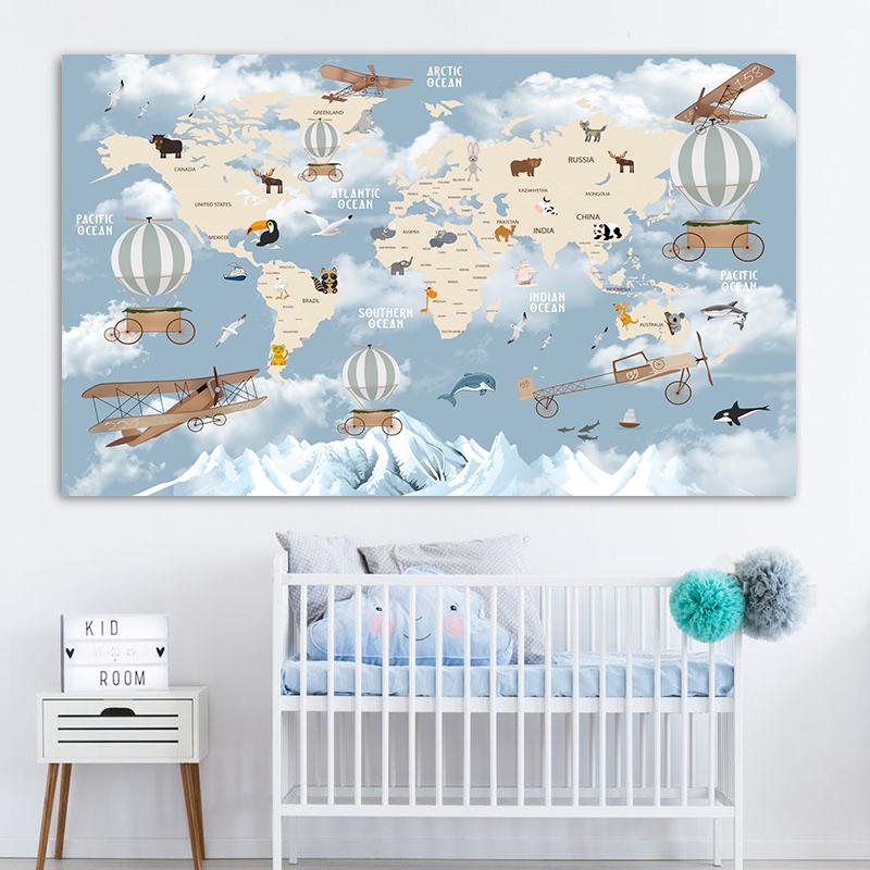 Cartoon Ocean Animal World Map Wall Art Canvas Painting Nordic Posters And Prints Nursery Wall Pictures For Kids Room Decoration