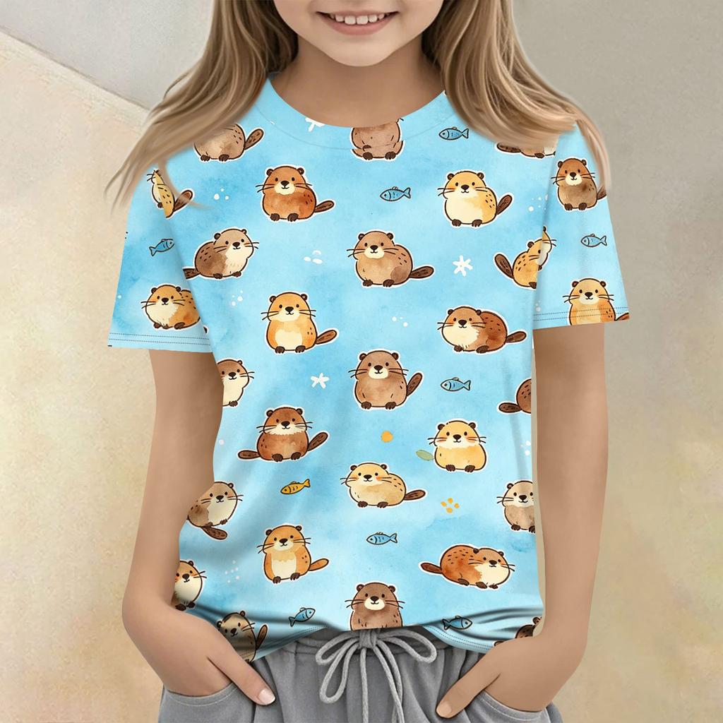Kids Animal Print Crew Neck Short Sleeve T Shirt Casual Loose Fit Top Soft Comfortable Fabric Suitable for Everyday Wear
