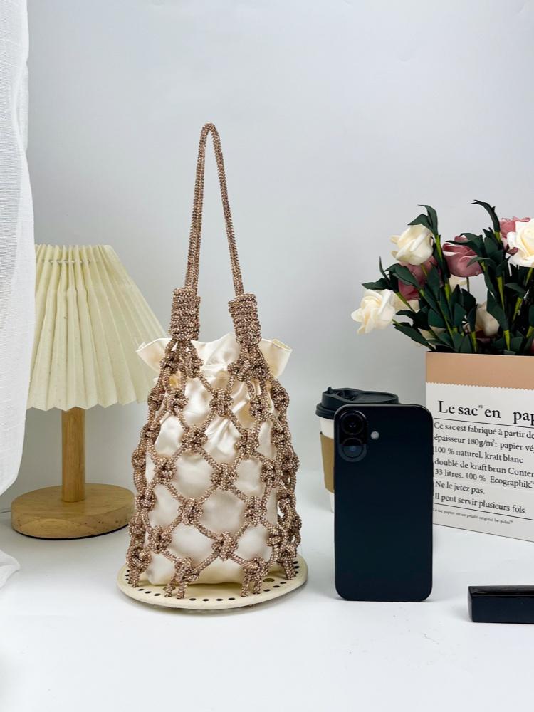French Style Sparkling Diamonds Mesh Handbag Lady Handmade Woven Bag Hollow Out Bucket Bag Armpit Bag Vacation Travel Beach Bags