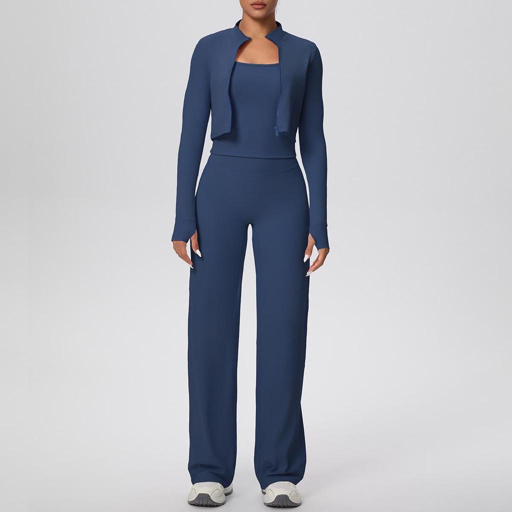 Women's High-Waisted Yoga Set: I-Beam Vest, Wide-Leg Pants, Skin-Friendly Sports Zipper Jacket