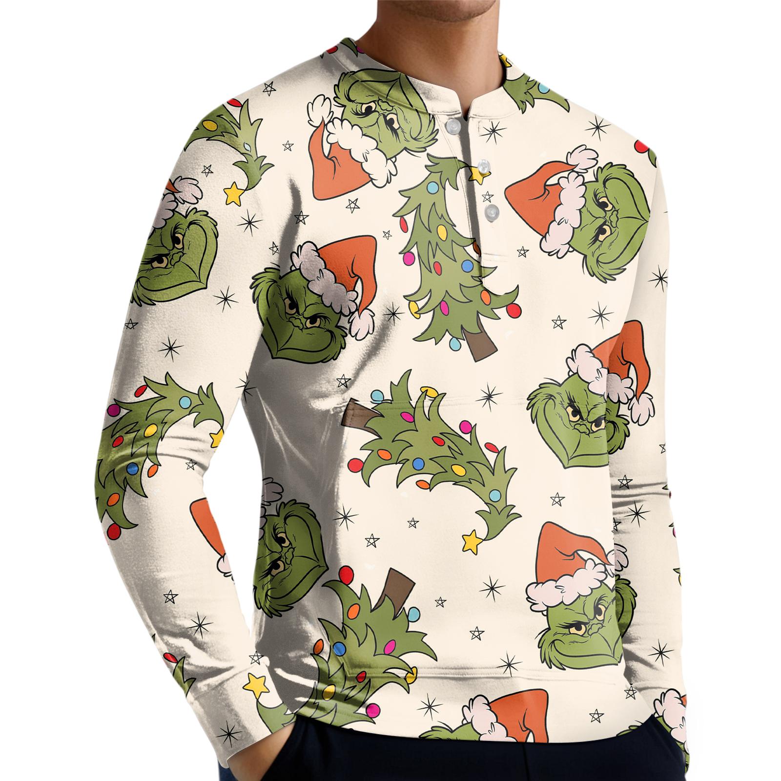 

Мужской повседневный свитшот на пуговицах, модная футболка с длинным рукавом с принтом, пуловер XXL зелёный