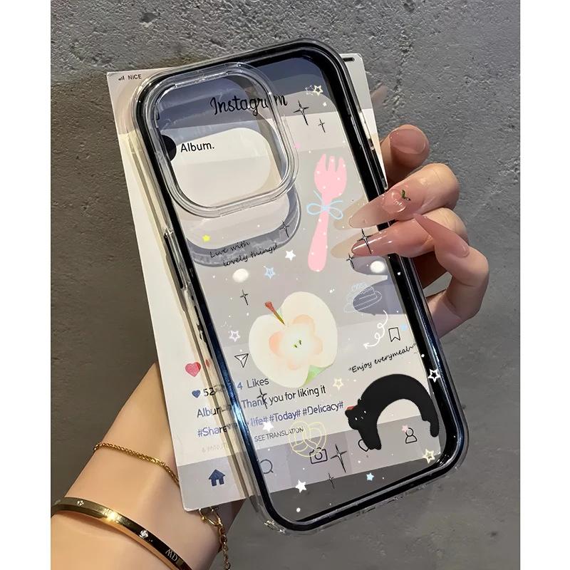 Green Apple Pink Fork Black Cat Applicable iPhone17Pro Mobile Phone Case 16 2-in-1 14/15 Girl 13 Transparent