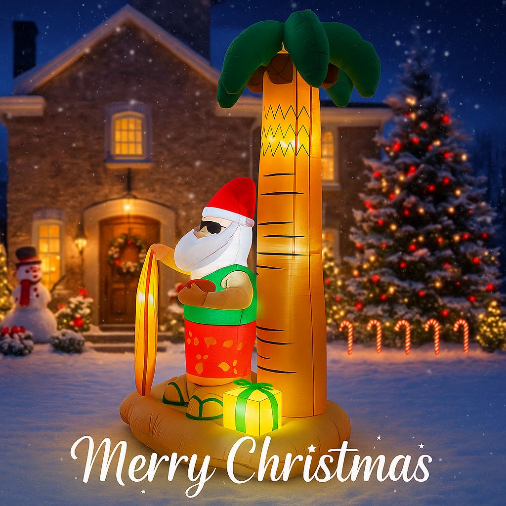 7.8FT LED Inflatable Xmas Yard Decor Beach Style Santa Claus Surfboard Palm Tree Christma Decoration Supplie Ornaments Toy Gifts