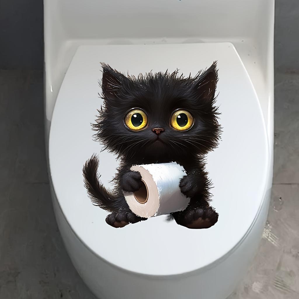 Cute Black Cat Toilet Paper Toilet Sticker Bathroom Toilet Cover Waterproof Sticker Wc For Home Decoration Transparent Decals S633