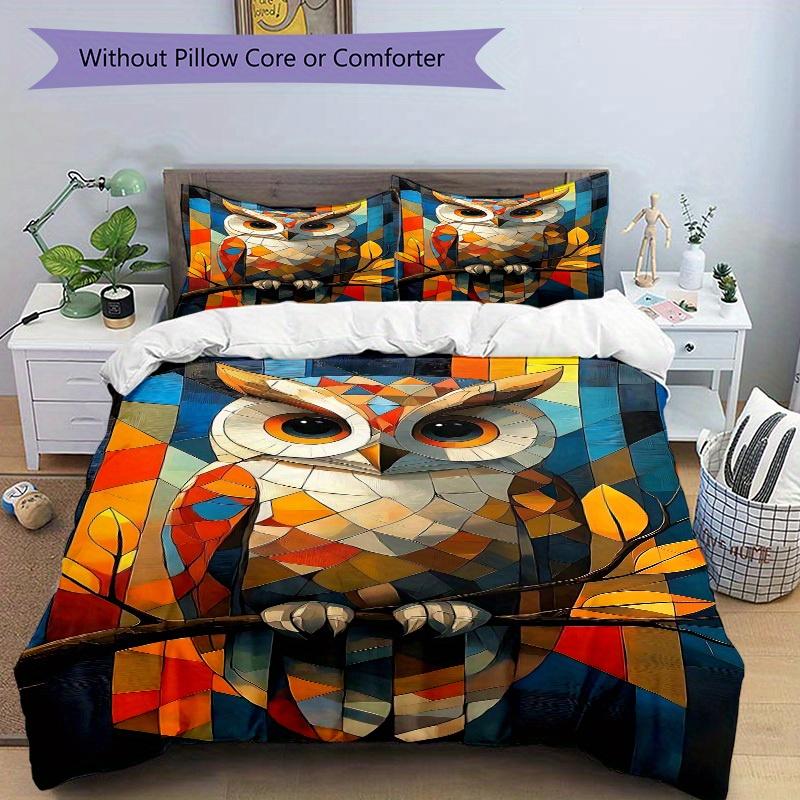 3pcs Owl Artwork Soft Comfortable Bedding Set, For Bedroom, Guest Room And Dorm, All - Season Use, High-Definition Printing194