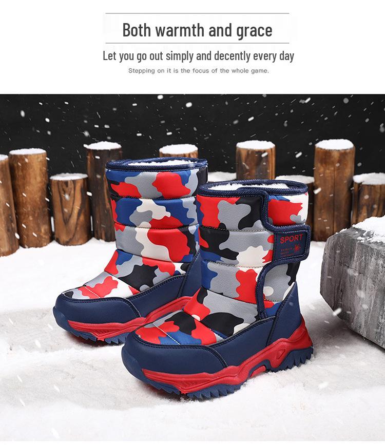 Children's 2024 Winter High-Top Camouflage Snow Boots - Warm Velvet-Lined in Black & Blue