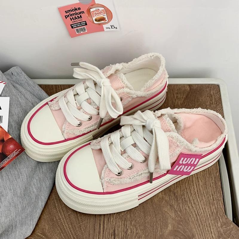 

Niche non-collision canvas shoes half-drag women s summer outer wear shoes breathable casual shoes one pedal white shoes women 35 розовый