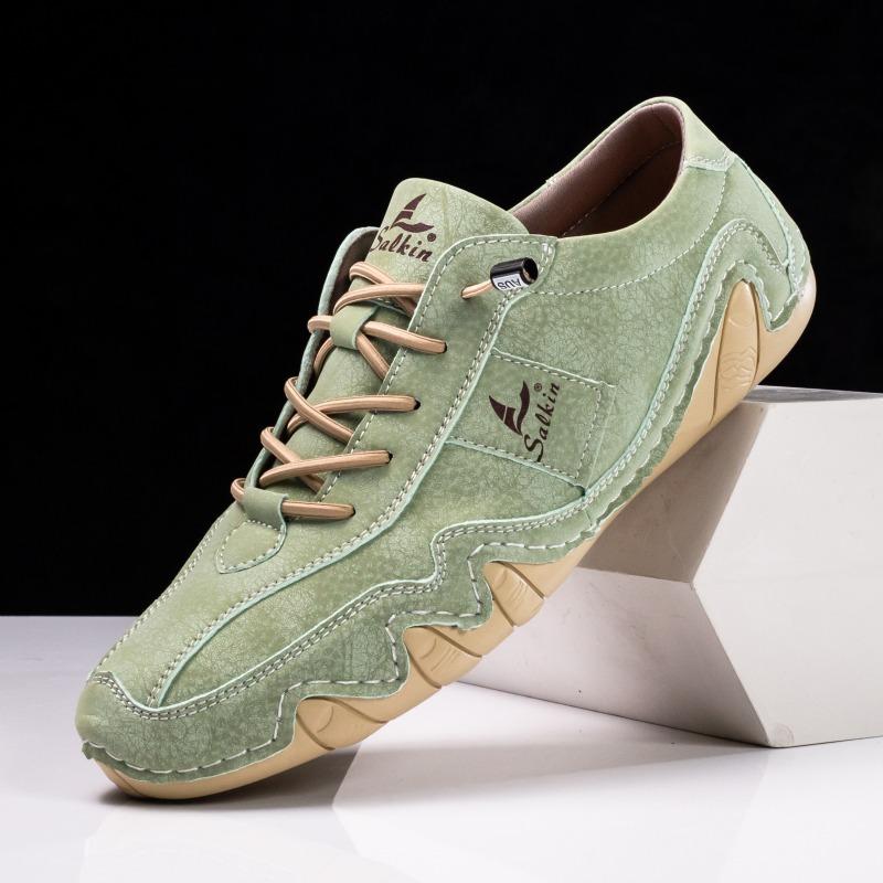 Autumn Handmade Leather Casual Shoes for Men Simple Beige Soft Loafers  Trendy Breathable Male Driving Shoes Large Size 50