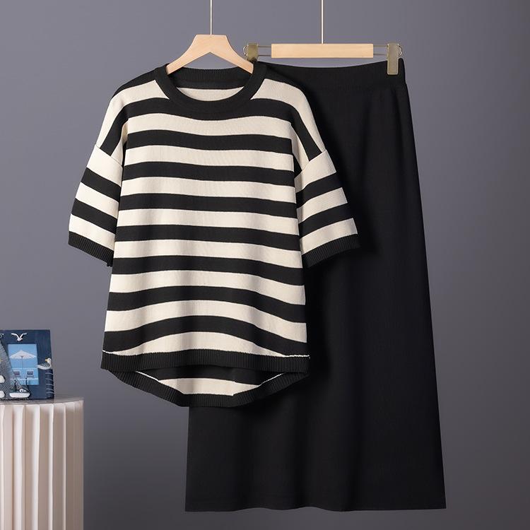 European and American New Women's Clothing Fashion Suit Short-sleeved T-shirt + Skirt Knitted Two-piece Set Summer Women