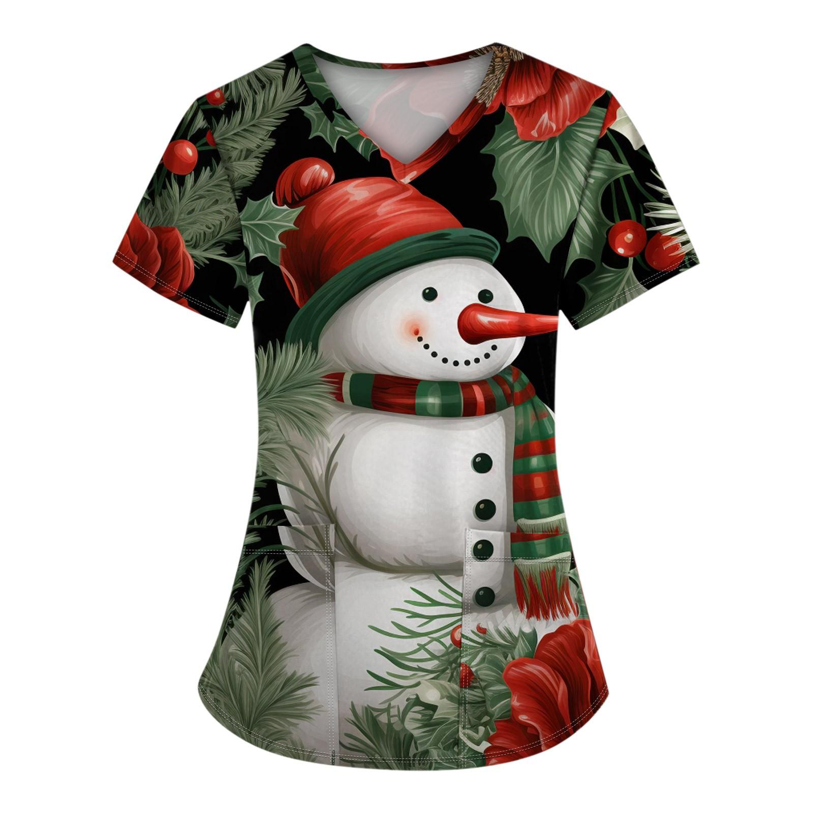 

Женская рождественская печатная рабочая униформа с V-образным вырезом и карманом, защитная униформа S