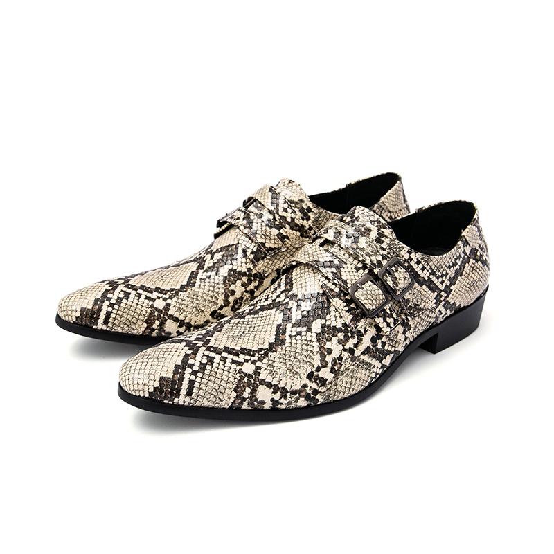 Men Snake Print Chelsea Shoes Double Buckle Pointed Toe Stylish Casual Dress Shoes Luxury Leather Shoes for Men Footwear