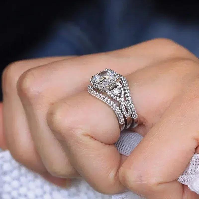 

2026 New Trendy Women Rings 3Pcs Set Wedding Accessories Luxury Cubic Zirconia Copper Color Temperament Female Zircon 6